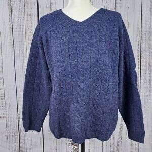 Vintage EXPRESS BLEUS Womens M Blue Wool Sweater Cable Knit‎ V Neck Chunky Cozy